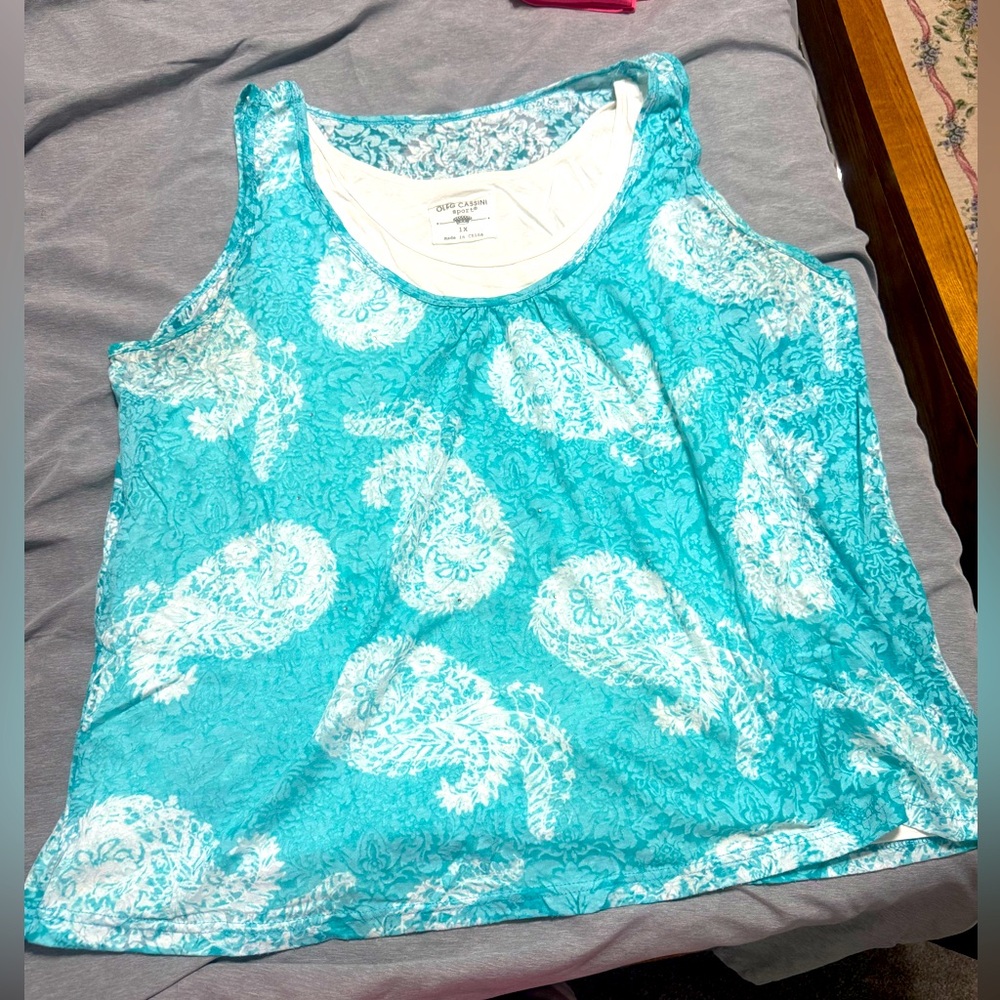 Oleg Cassini 2XL Turquoise Paisley Tank Top